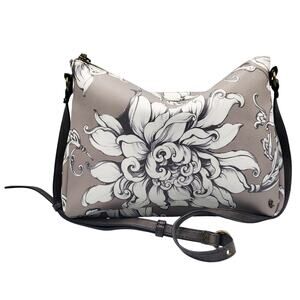 Elliott Lucca Floral Gray & White Adjustable Crossbody Bag Top Zipper Closure